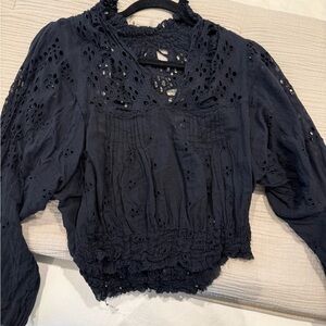 Free People Black Puff Sleeve Crochet Blouse